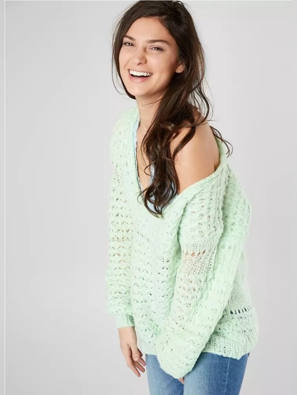 Free People Crashing Waves Wool Blend Mint Green Oversized Sweater